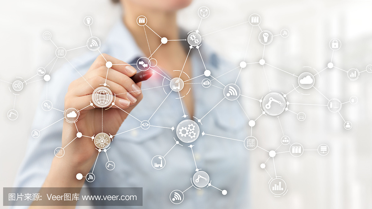 虛擬屏幕上的技術工業業務流程工作流組織結構。物聯網智能行業概念混合媒體圖。